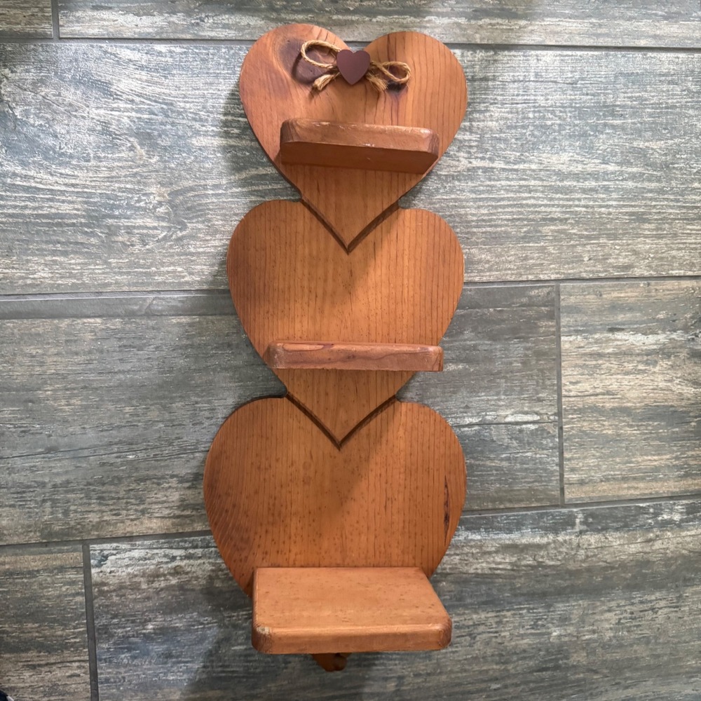 Vintage Cottage Country Heart Wood Wall Shelf 3 Tier Brown Rustic Farmhouse 20"
